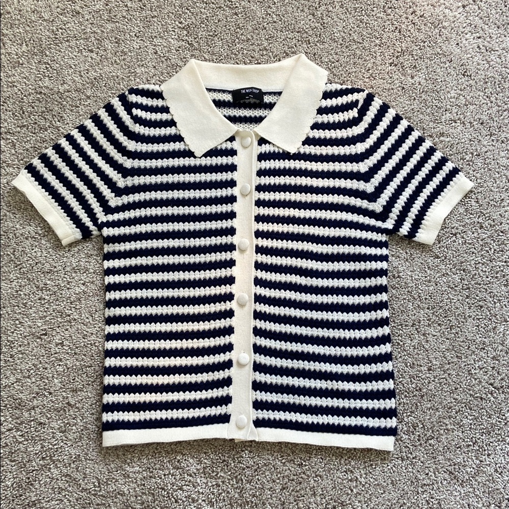 The Workshop • Navy and Cream Striped Knit Button Up Top